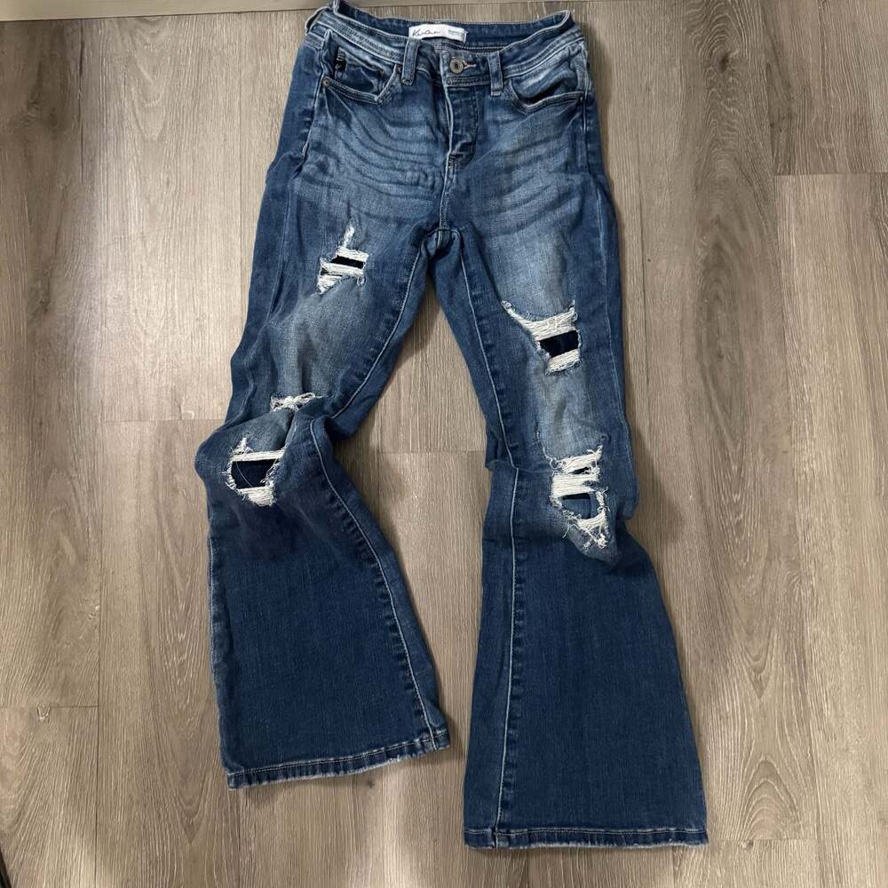 KanCan Women's Distressed Flare Leg Denim Jeans